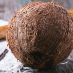 Whole coconut with wooden handle in background