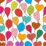 many brightly colored cartoon balloons and heart-shaped balloons with smiles
